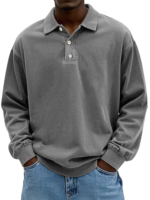 🌈Men's Fashion Retro Washed Distressed Cotton Lapel Long Sleeve Polo Shirt