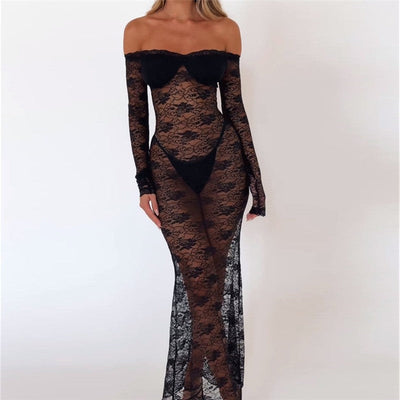 One-piece neckline long-sleeve lace dress