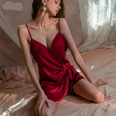 Ice silk satin deep V halter nightgown