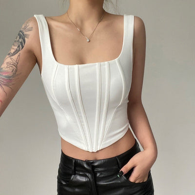 Double Strap Halter Slim Short Top-Leather Skirt